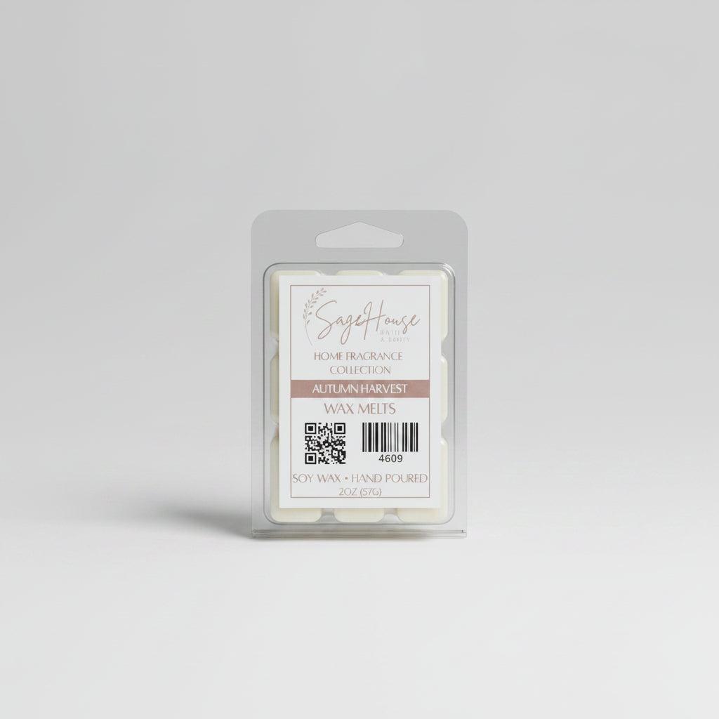 A clear clamshell container holding 6 wax melt cubes with a label on top, placed on a wooden surface against a wooden background.