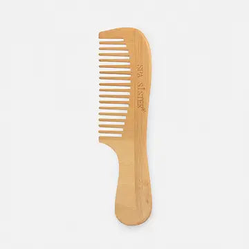 A wooden styling comb with a metal toothed section and a branded label on the side.