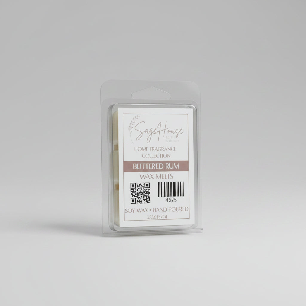 A clear clamshell container holding 6 wax melt cubes with a label on top, placed on a wooden surface against a wooden background.