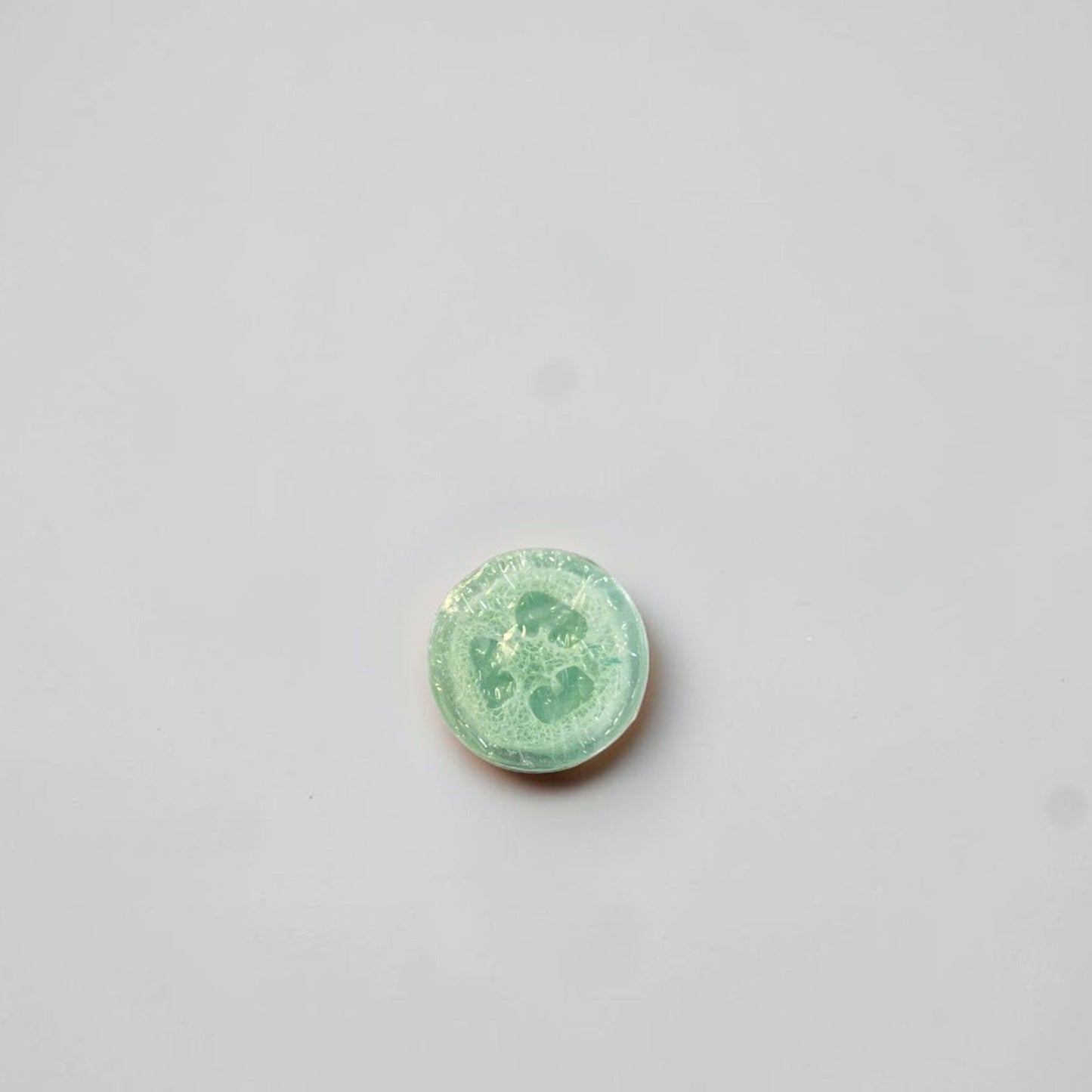A round loofah soap on a white background.