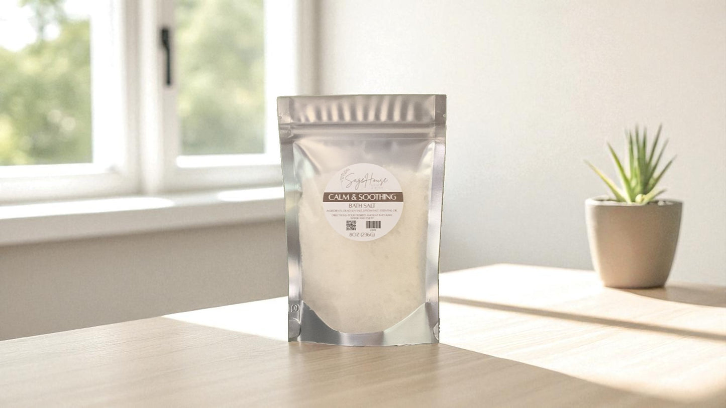 Silver packaging with a clear window of white salt labeled "calm and soothing" on a wood surface.