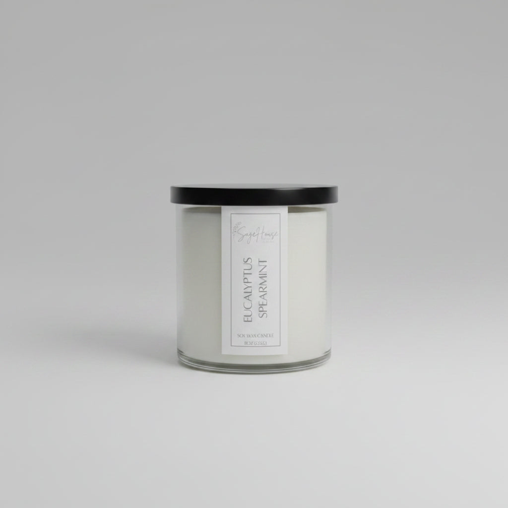 A white soy wax candle in a clear container, placed on a wooden surface, with a label on the front.