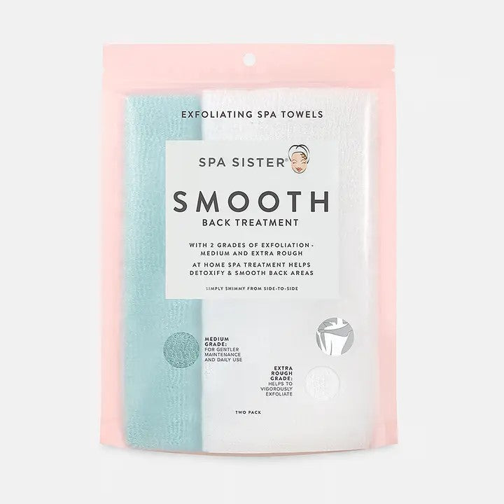 Packaging of Spa Sister Smooth Back Treatment Towels with two grades of exfoliation, indicating one is for daily use and the other is extra rough.