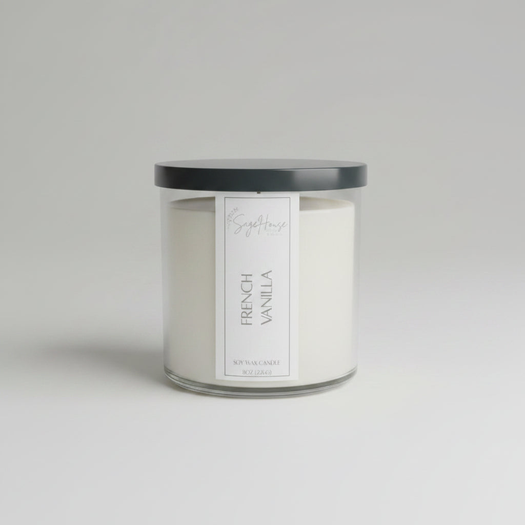A white soy wax candle in a clear container, placed on a neutral background.