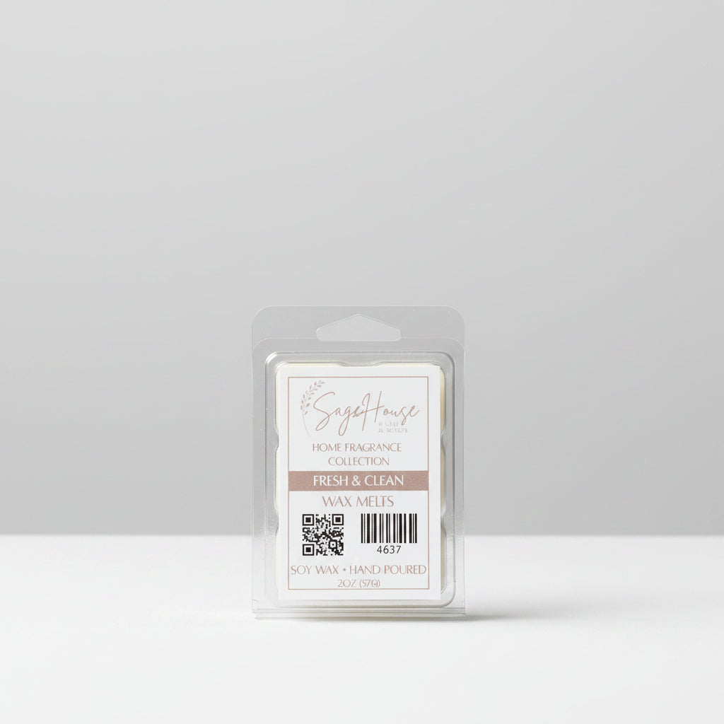 A clear clamshell container holding 6 wax melt cubes with a label on top, placed on a neutral background.
