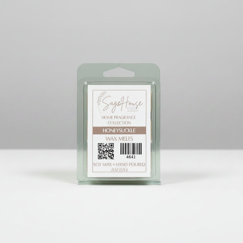 A clear clamshell container holding 6 wax melt cubes with a label on top, placed on a neutral background.