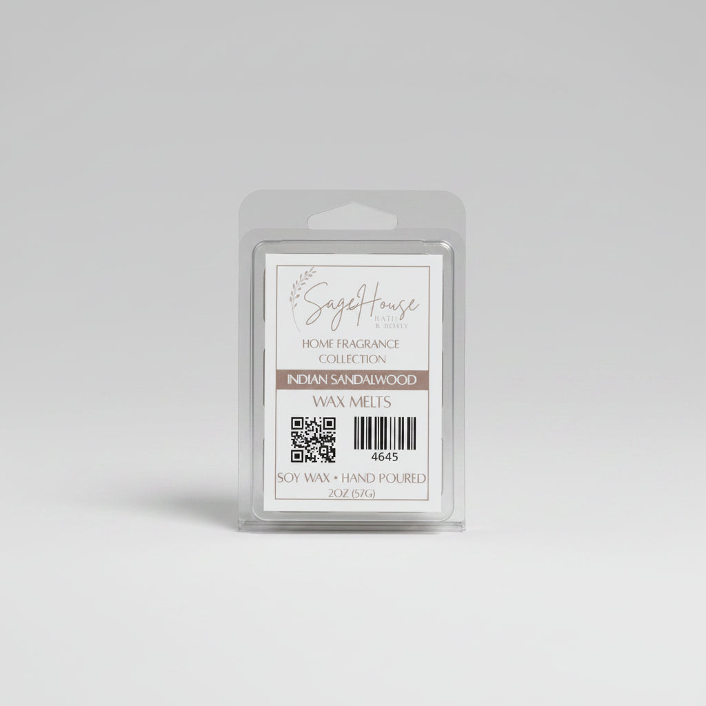 A clear clamshell container holding 6 wax melt cubes with a label on top, placed on a neutral background.