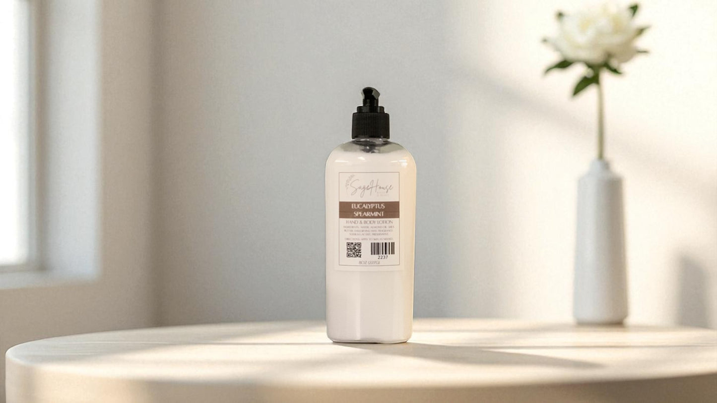 White bottle of lotion with black pump top on a light wooden surface with a blurred white background