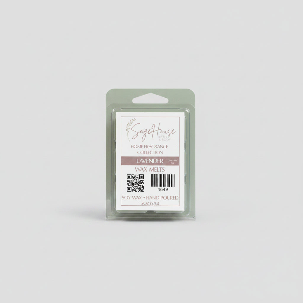 A clear clamshell container holding 6 wax melt cubes with a label on top, placed on a neutral background.