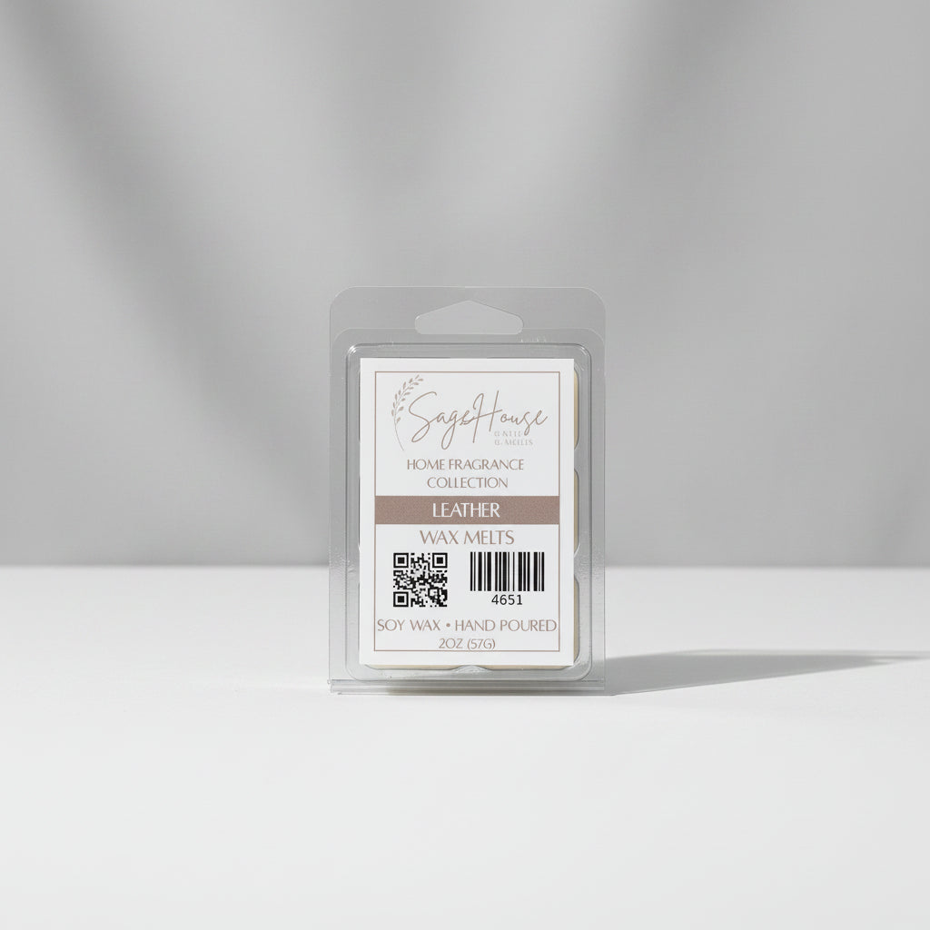A clear clamshell container holding 6 wax melt cubes with a label on top, placed on a neutral background.