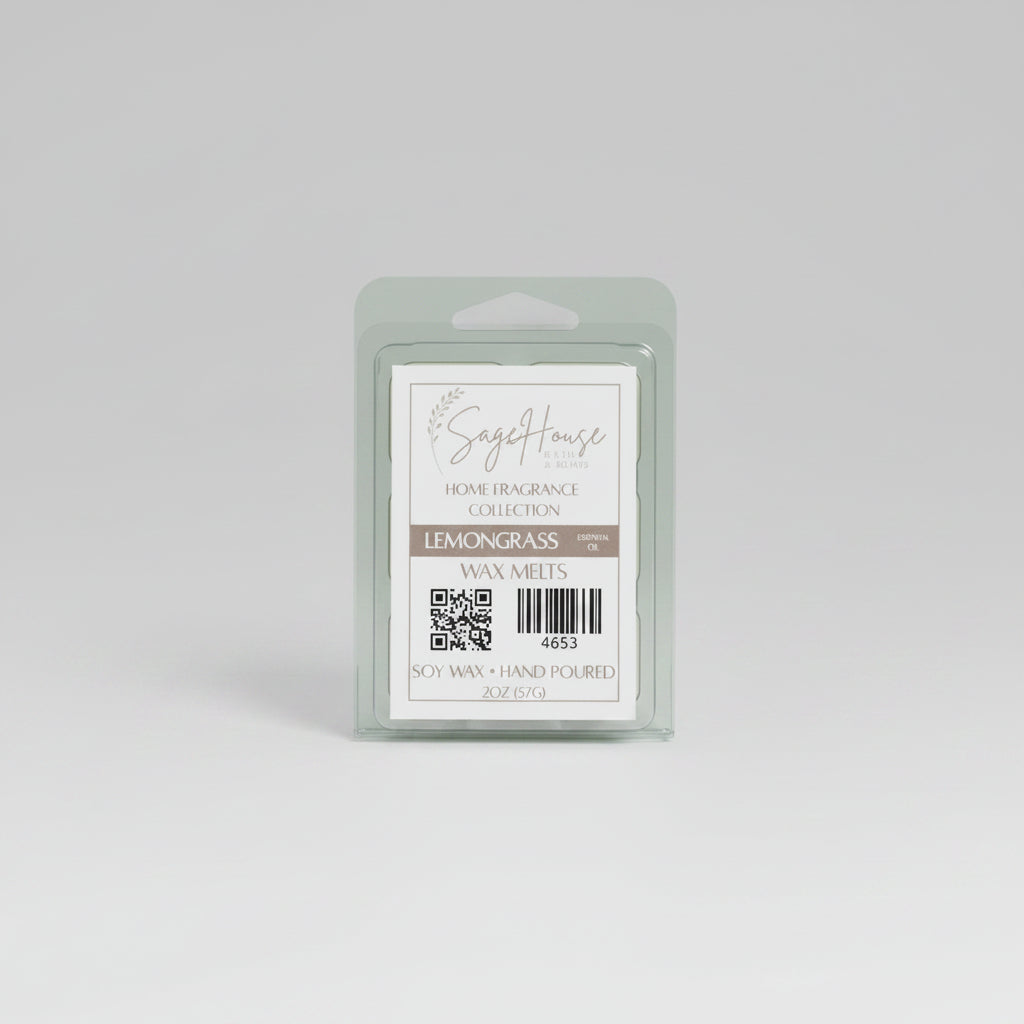 A clear clamshell container holding 6 wax melt cubes with a label on top, placed on a neutral background.