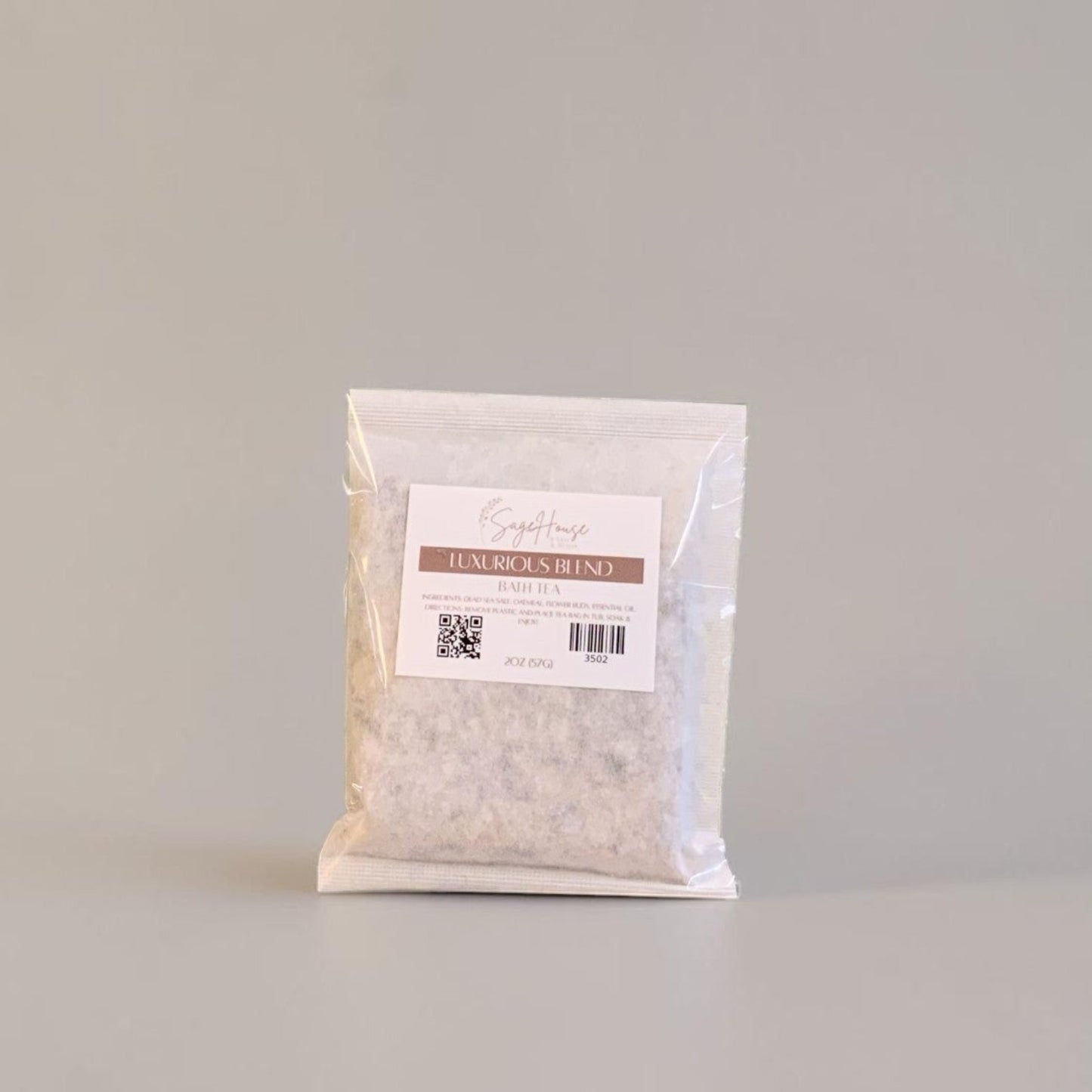 white pouch with label on a grey background