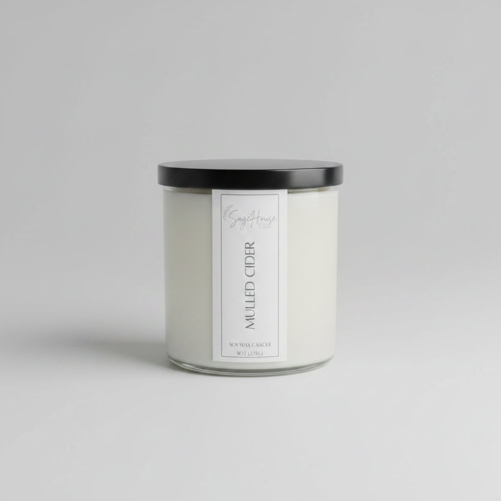 A white soy wax candle in a clear container, placed on neutral background