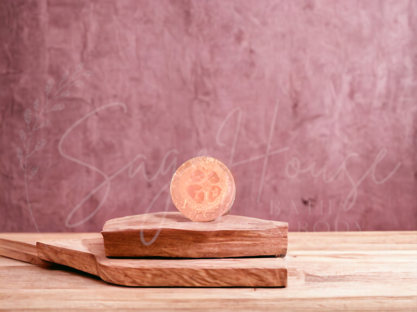 A peach colored bar of peach loofah soap resting on a wooden soap dish, with a pink background.
