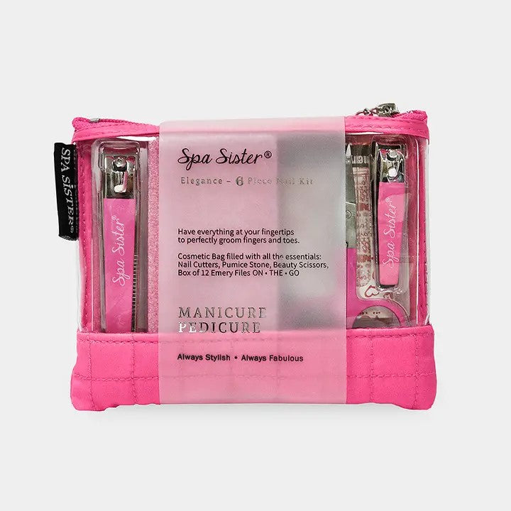 A 6-piece nail set by Spa Sister, including nail clippers, pumice stone, beauty scissors, and a box of emery files, packaged in a blue-zipped pouch with the brand's text and logos.