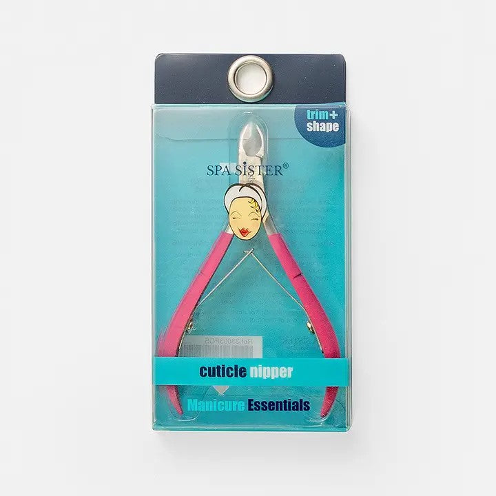 Magenta Cuticle nipper clippers with double spring action handles and non-slip rubberized grips, packaged.