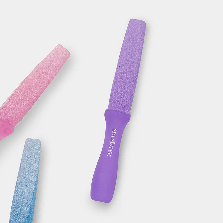 A purple ergonomic callus remover with a textured surface and a handle.