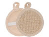 Two beige ramie facial pads, one displayed in front view and the other in side view, attached with a strap. sold individually
