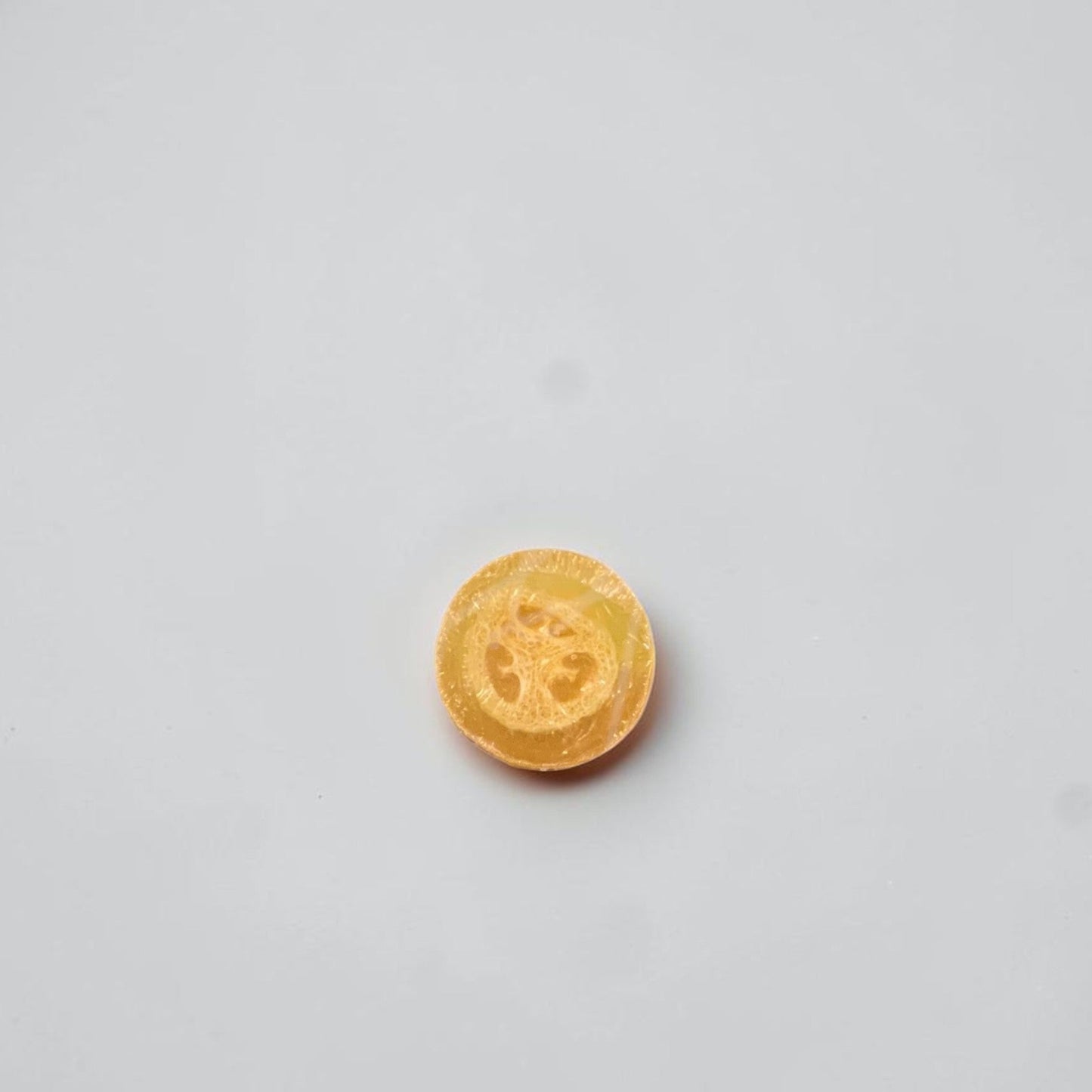 A round loofah soap on a white background.