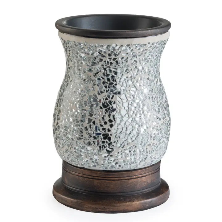 A silver and white mosaic wax melt
warmer with a dark base.