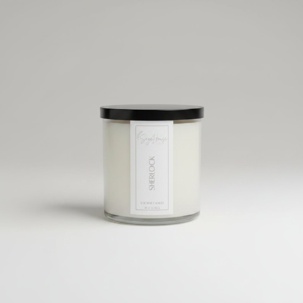 A white soy wax candle in a clear container, placed on a wooden surface, with a label on the front.