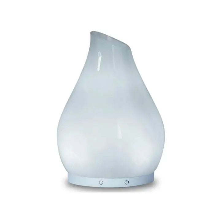 A white hand-blown glass aromatherapy diffuser designed to resemble a tulip bud vase, with a clear glass top and base, featuring a warm white light.
