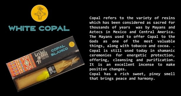 White Copal Incense with descriptive text on a black background.