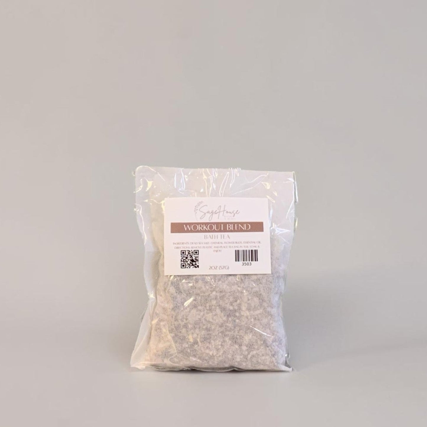 white pouch with label on a grey background