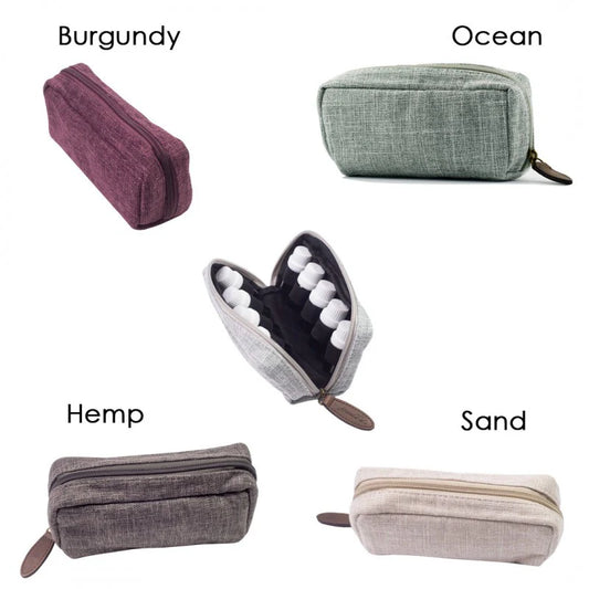 A collection of four essential oil bags in different colors: burgundy, ocean, hemp, sand, and a neutral beige color. These bags only hold 6 essential oil bottles, not the 10 pictured.