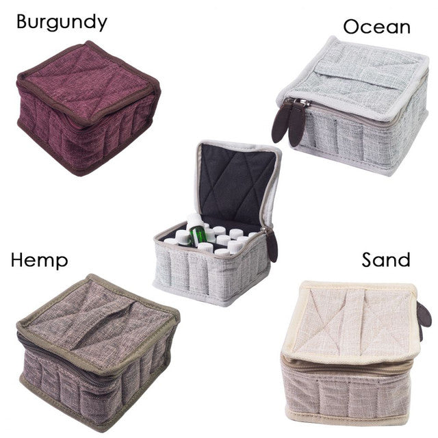 A collection of four essential oil bags in different colors: burgundy, ocean, hemp, sand, and a neutral beige color. These bags hold 16 bottles