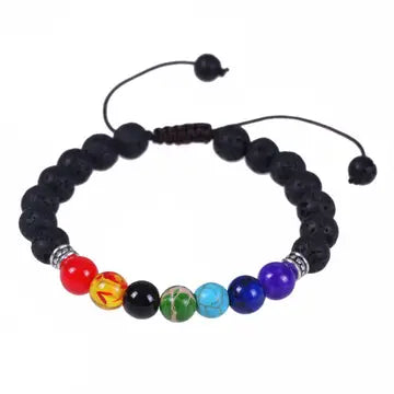 A multicolored beaded bracelet with black lava beads and adjustable pull strings