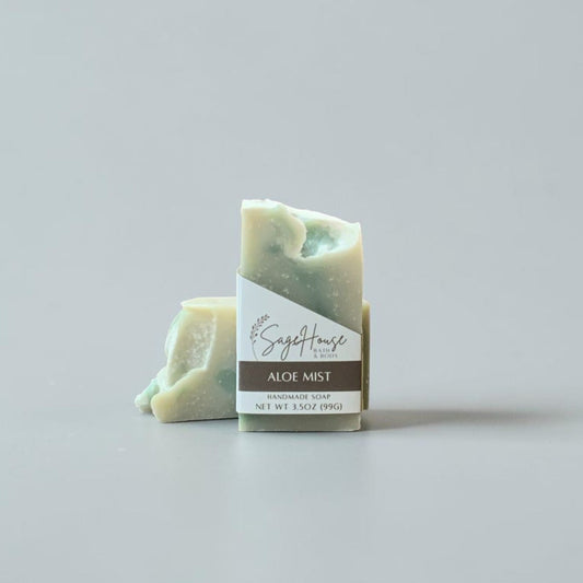 A labeled bar of soap sitting in front of a matching bar of soap. On a white background.