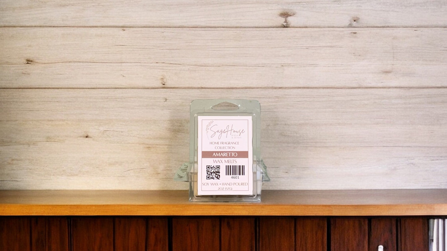 A clear clamshell container holding 6 wax melt cubes with a label on top, placed on a wooden surface against a wooden background.