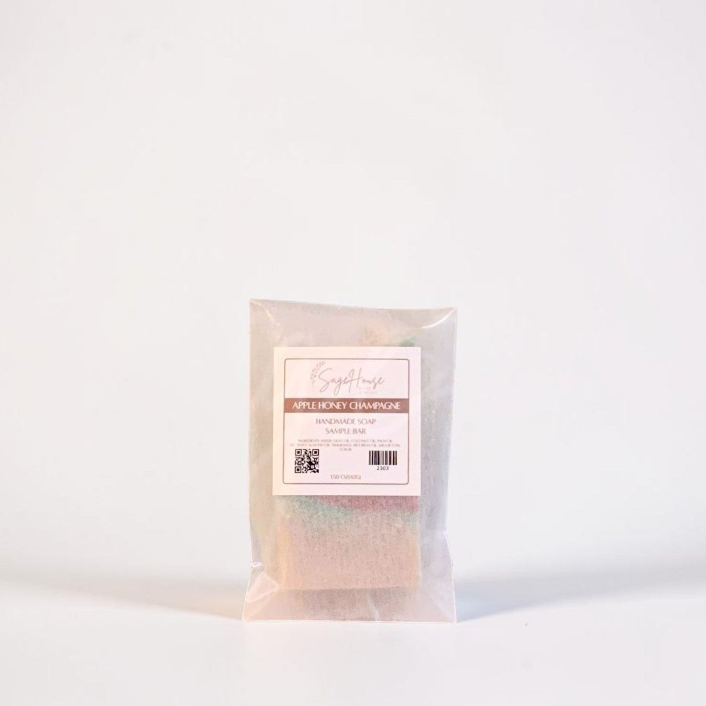 Pouch with a rectangular white label with pink and brown text and a barcode.