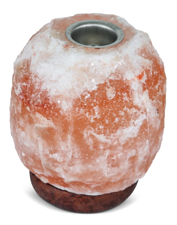 A pink Himalayan salt lamp with a top dish for holding essential oils.