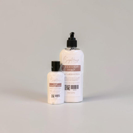 Two bottles of lotion with black caps and white labels. On a white background.