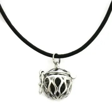A silver circular necklace with lava bead inside. on a black rope chain