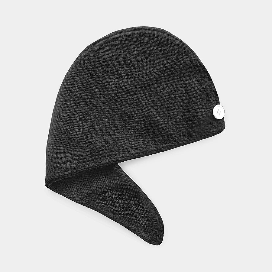 A black microfiber hair turban with a button fastener designed to wrap around the head.