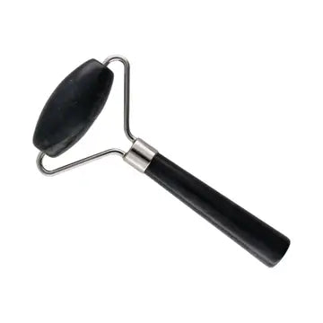 A black jade roller with silver hardware and roller on one end