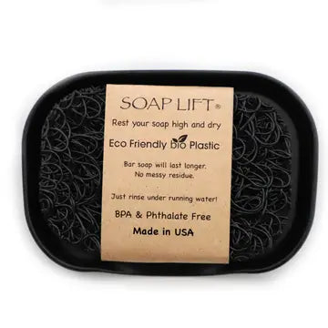 Black colored soap dish with soap lift sitting inside. Soap lift sold seperately. On a white background