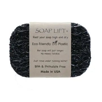 A black soap lift with product band around the middle. On white background.
