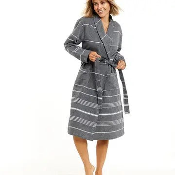 A black striped Turkish bathrobe with a tie belt, displayed on a white background.