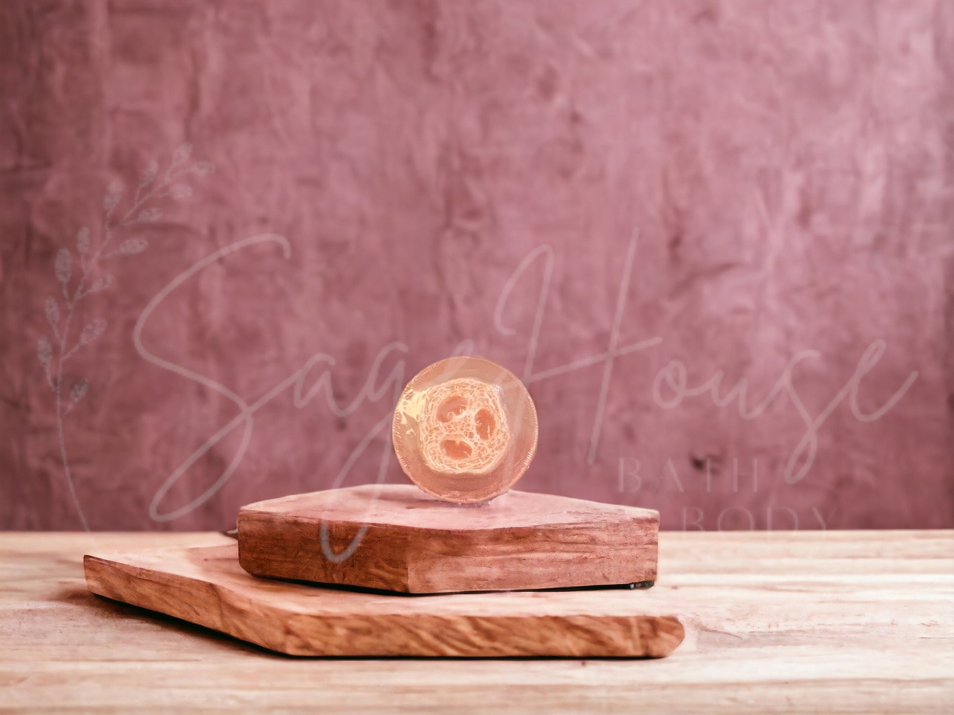 A pink colored bar of blossom loofah soap resting on a wooden soap dish, with a pink background.