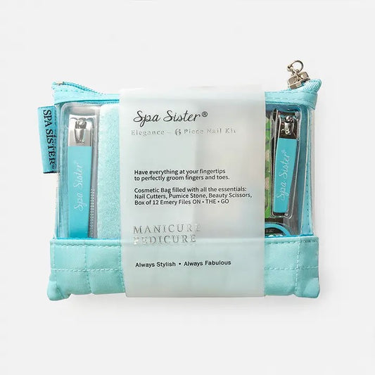 A 6-piece nail set by Spa Sister, including nail clippers, pumice stone, beauty scissors, and a box of emery files, packaged in a blue-zipped pouch with the brand's text and logos.