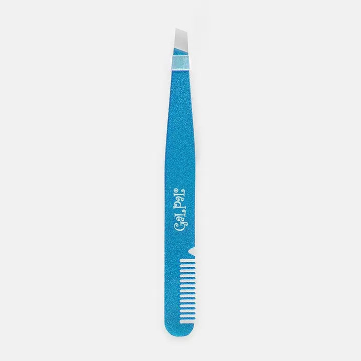 A blue eyebrow tamer with a comb and tweezers on a white background.