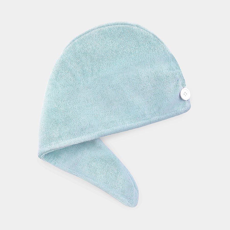A blue microfiber hair turban with a button fastener designed to wrap around the head.