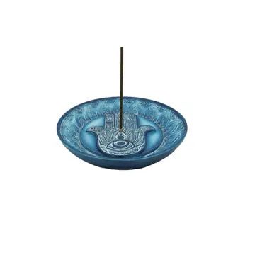 Round blue ceramic incense plate with Hamsa hand of Fatima protection symbol by SageHouse Bath & Body