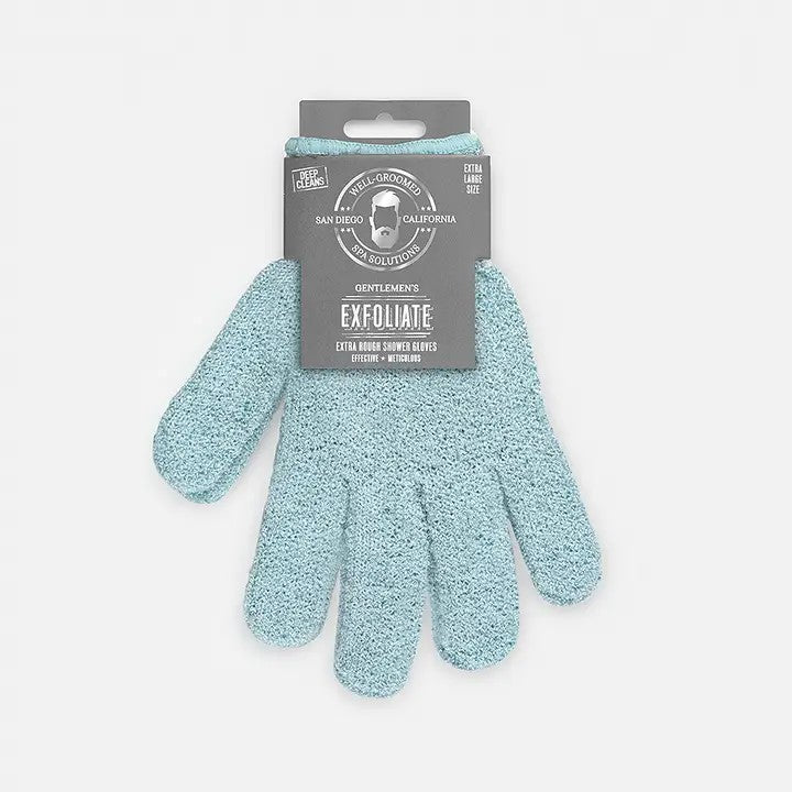 A pair of blue exfoliating bath gloves attached to a product label.