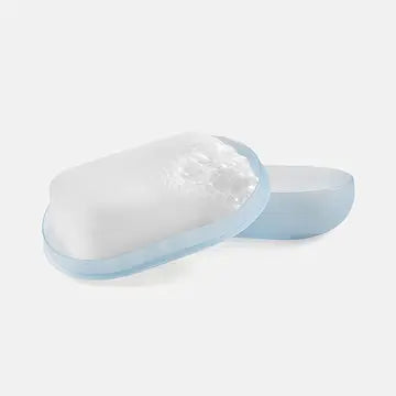 Blue frosted soap case with a white background