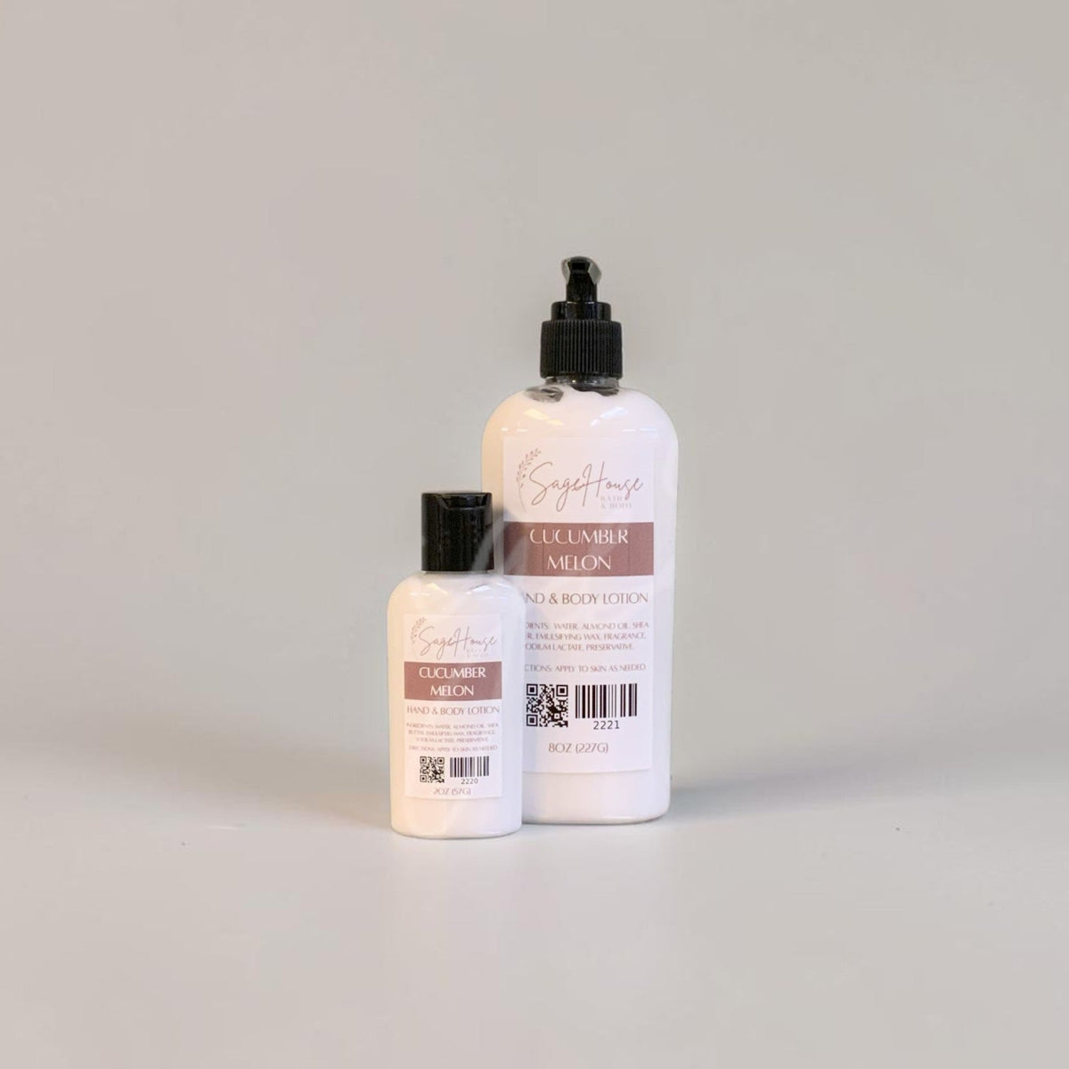 Two bottles of lotion with black caps and white labels. On a white background.